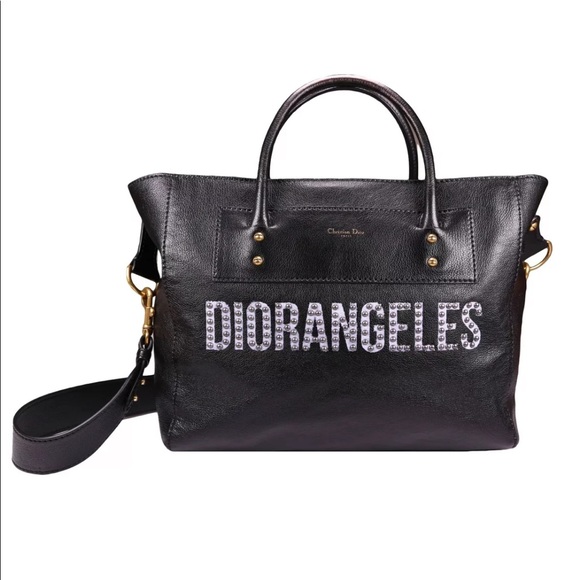 Christian Dior "Diorangeles" Black Leather Studded Gold Hardware Tote Handbag - Picture 1 of 10